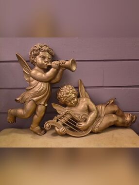 Pair Of 1960s Resin Gold Cherub Wall Hangings